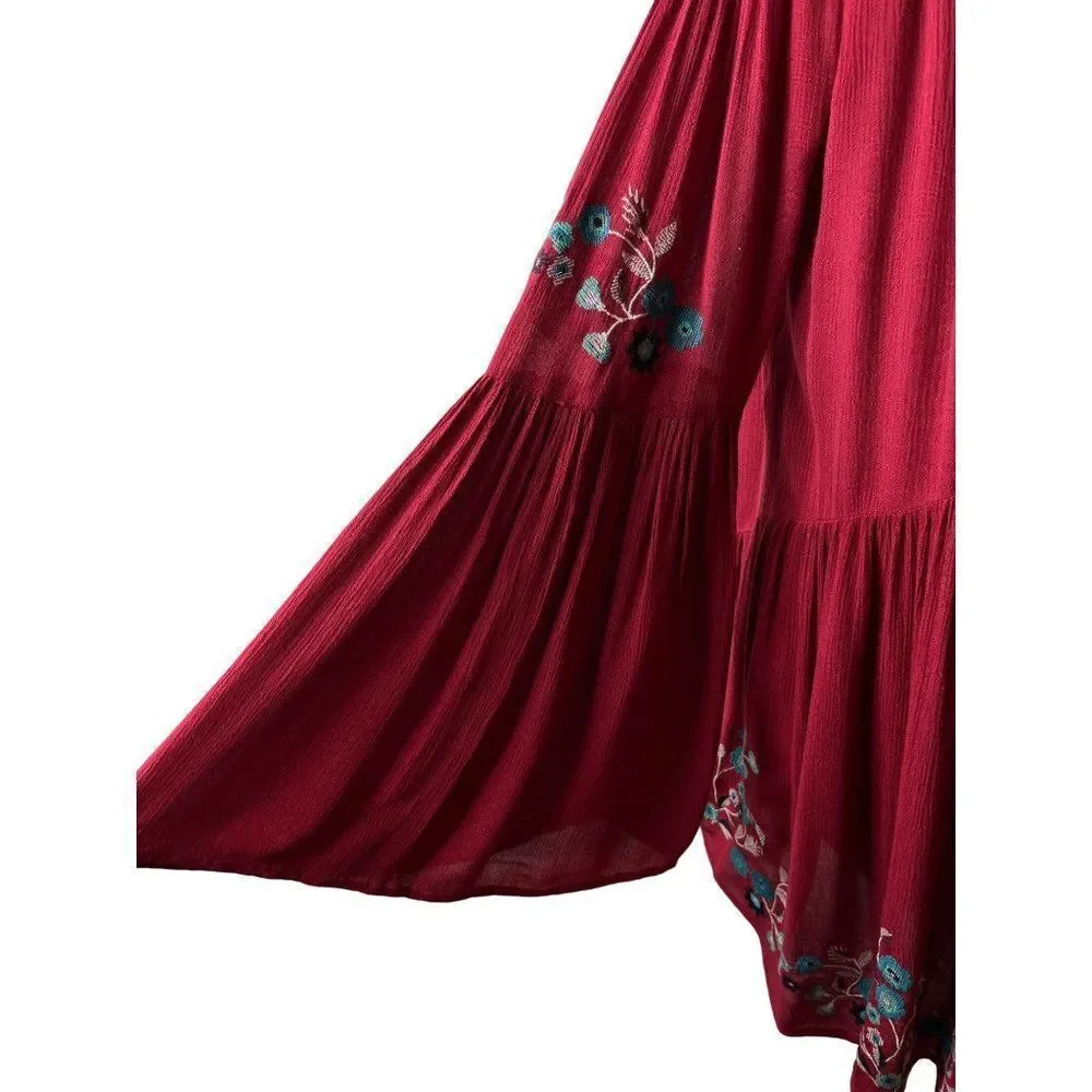 Free People Te Amo Embroidered Mini Dress Red XS Flared Sleeve Flowy Oversized